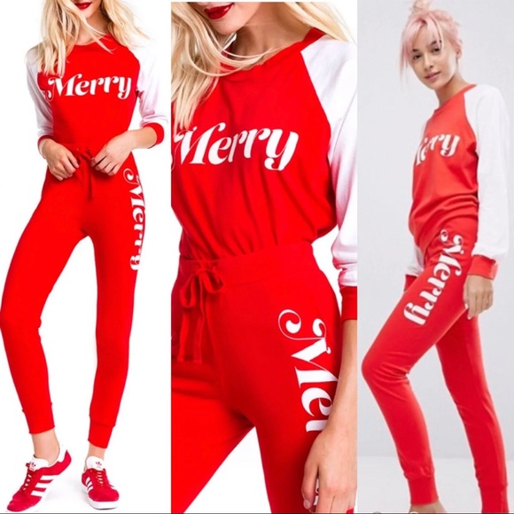 🦊 Wildfox MERRY Jogger Two Pc Set Red & White - Picture 4 of 8